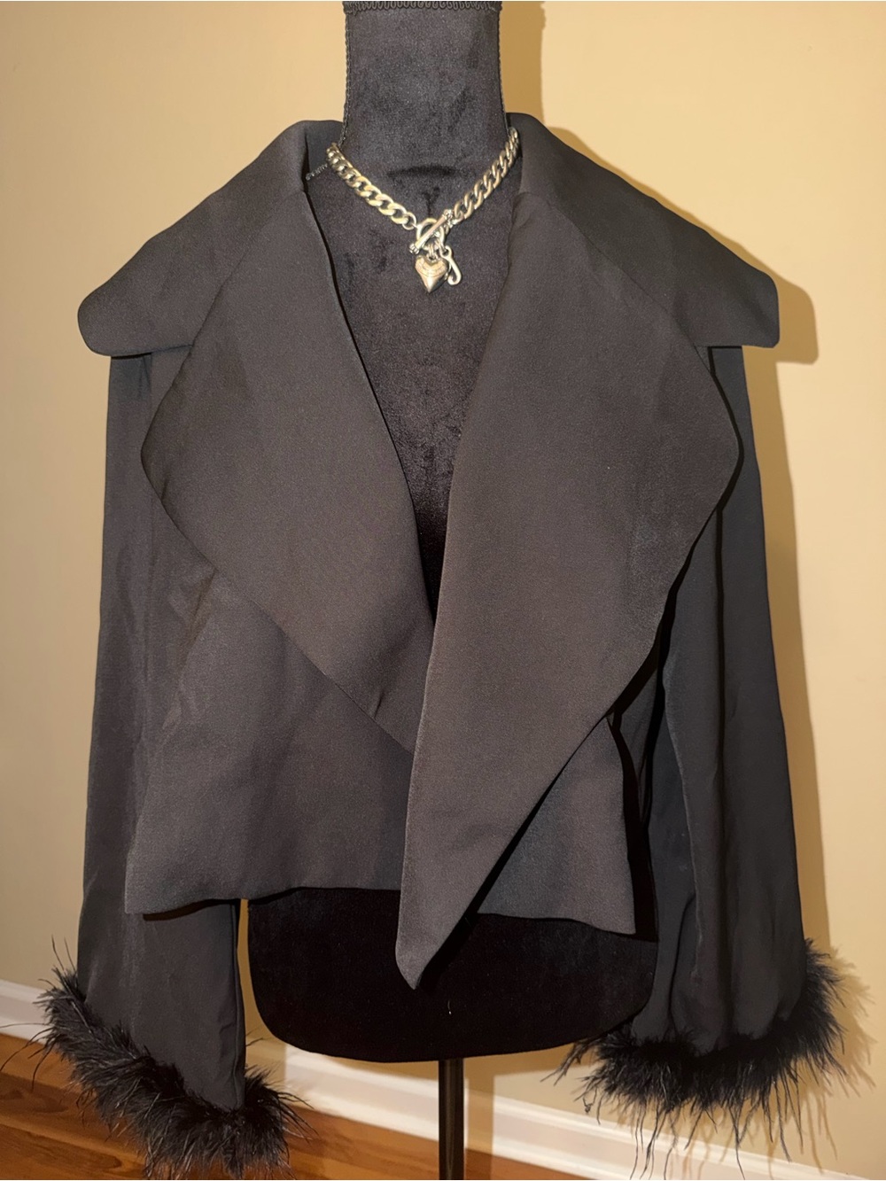 Women's Black Cropped Blazer with Feather Trim